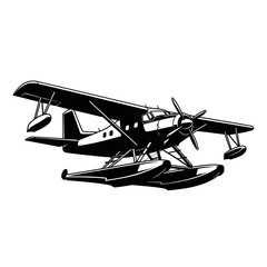 Vintage Seaplane Flying Machine Black and White Illustration.