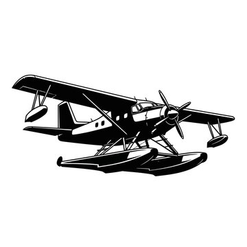 Vintage Seaplane Flying Machine Black and White Illustration.