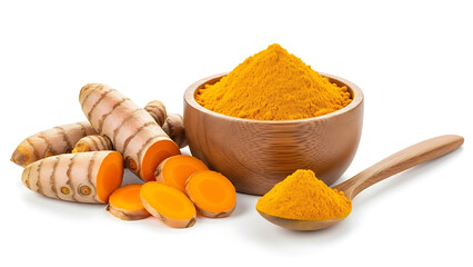 Vibrant Turmeric Roots and Finely Ground Powder Artfully Arranged on a Pure White Background, Highlighting this Natural Superfood's Culinary Versatility and Health Benefits