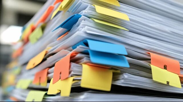 Close-up of a large stack of papers with colorful tabs, representing paperwork.