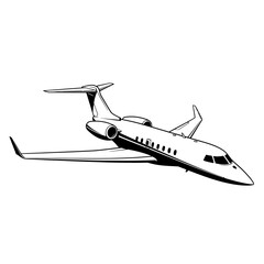 Detailed illustration of a private jet in flight, showcasing its sleek design and powerful engines.