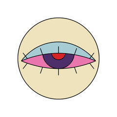 Groovy psychedelic look of pink open eye on round sticker vector illustration