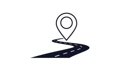 Simple icon of a winding road leading to a map location pin, representing a journey, route, destination, or navigation.