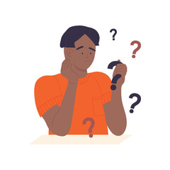 Young confused man holding question mark wondering about answer vector illustration