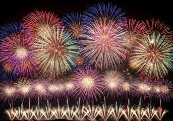 Fototapeta premium Vibrant multicolored fireworks explode above stage with glowing embers for night celebration or festival backdrop