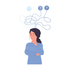 Woman thinking about solving complicated problems, choosing pathway vector illustration