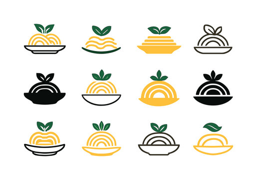 Pasta Logo Variations. Plate of pasta. Icon set. Set Logo of pla