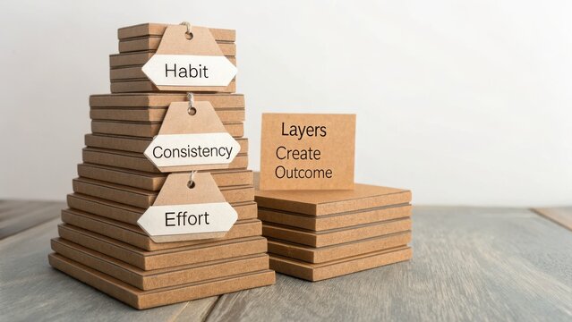 Stacked cardboard cutouts with habit consistency and effort tags