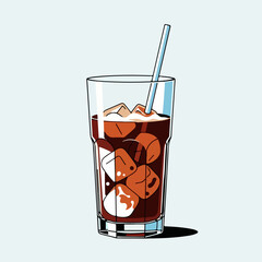 A refreshing illustration of a tall glass filled with sparkling ice cubes and a dark carbonated beverage, complete with a striped straw, perfect for a cool summer drink