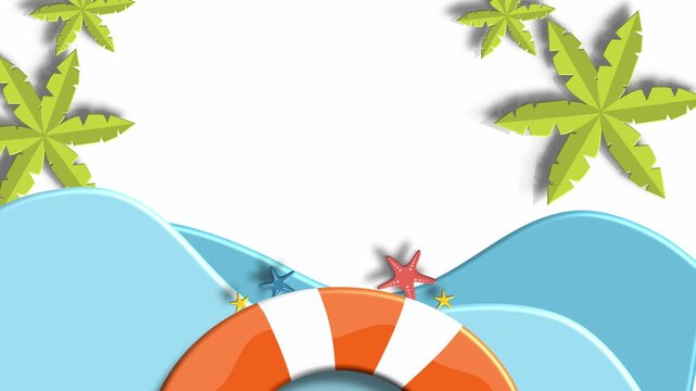 Tropical beach wave border with palm trees and float