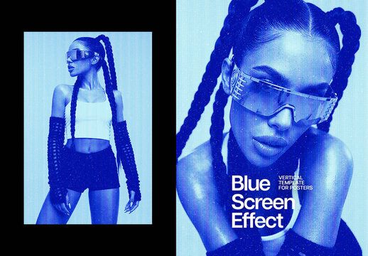 CRT Blue Screen Poster Photo Effect Mockup