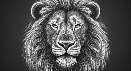 Striking grayscale illustration of a magnificent lion's head, showcasing its powerful and regal presence with detailed fur and an intense gaze, embodying wild strength and majestic nobility