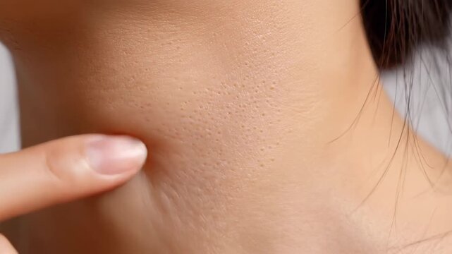 Close-up of Neck Skin with Gentle Finger Touch, Human Skin Care Concept and Natural Texture Viewpoint