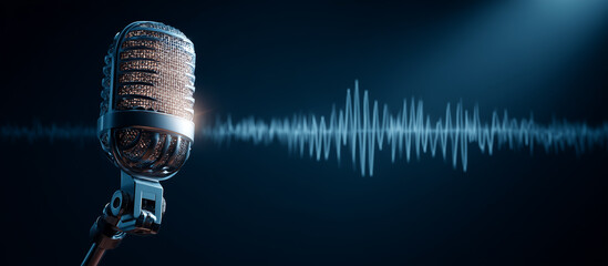 studio microphone with a visible soundwave pattern. audio recording and podcasting concept blue background