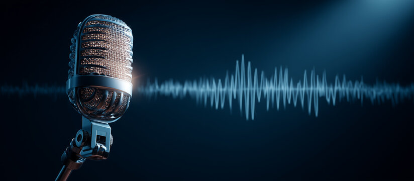 studio microphone with a visible soundwave pattern. audio recording and podcasting concept blue background