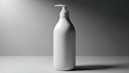 "sleek, high-quality shampoo bottle mockup, smooth plastic texture with a pump dispenser, shown with subtle lighting to highlight the product&rsquo;s features--v 6.1 --ar 16:9 --q 2"