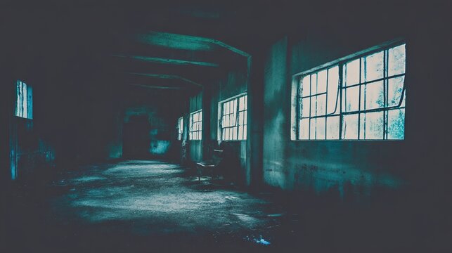 Urban ruin at dusk with soft light through a broken window onto a dusty floor. real-estate listings.