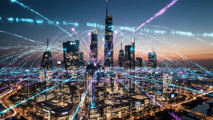 Aerial wide shot over a sprawling metropolitan skyline at dusk with vibrant digital network lines connecting major buildings vibrant, transport, connectivity