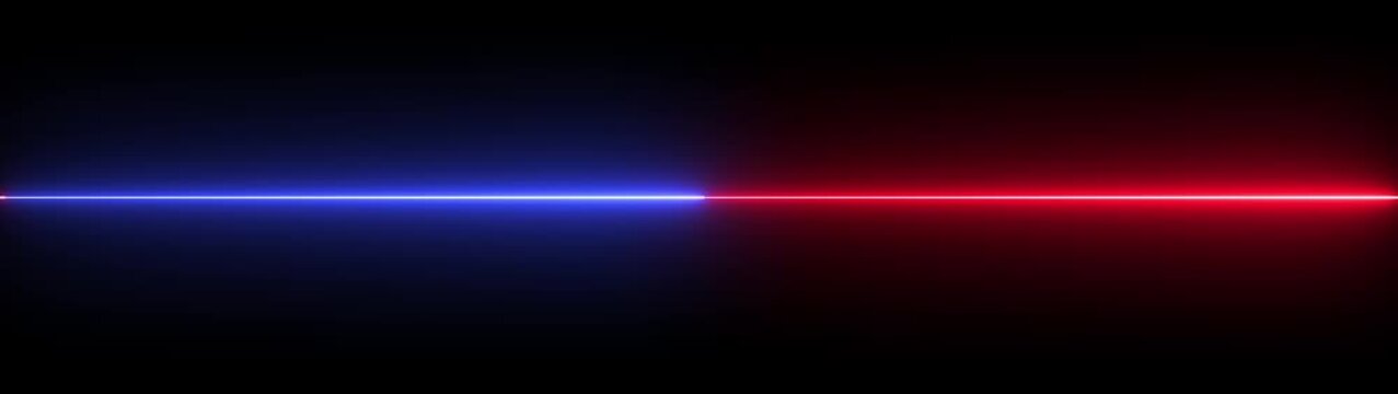 A thin red and blue neon line glows moving and horizontally. Colorful of neon line blaze glowing flashing animation on black background. 