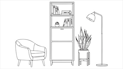 Minimalist line art illustration of living room furniture and plants © Uttpol Saha