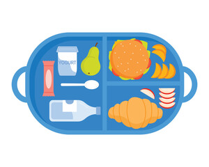 Blue plastic tray with handles and lunch food, top view of canteen salver vector illustration
