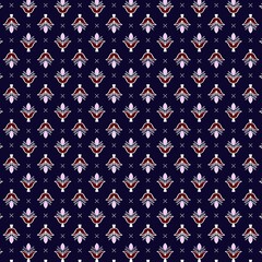 Indian ethnic Ikat tribal pattern in rich blue and red tones, offering an ethnic interpretation of classic artistic traditions. Inspired by ancient Indian painting, the ethnic blends historical influ