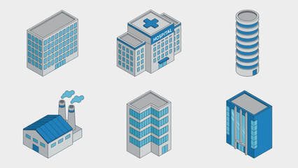 Isometric Urban Building Vector Set &ndash; Office, Hospital, Factory, High-Rise for Architecture, Infrastructure, Planning, Logistics, and Commercial Design Projects