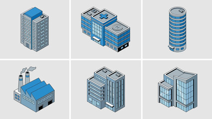 Isometric Urban Building Vector Set &ndash; Office, Hospital, Factory, High-Rise for Architecture, Infrastructure, Planning, Logistics, and Commercial Design Projects