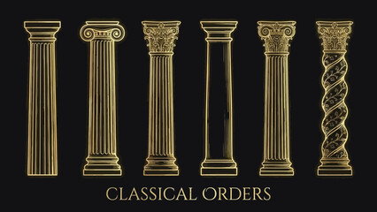 Classical Orders Column Vector &ndash; Doric, Ionic, Corinthian, Tuscan, Composite, Solomonic Styles in Gold Line Art for Architecture, History, and Design Education Projects