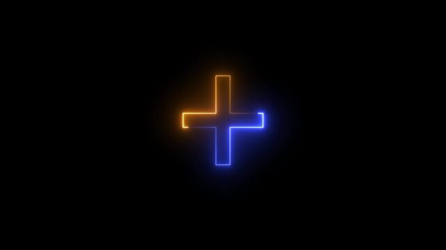 Neon line plus symbol icon simple positive plus icon animation on black background. Glowing Line Cross Icon for Medical and Positive Tech Concepts. 4k video.