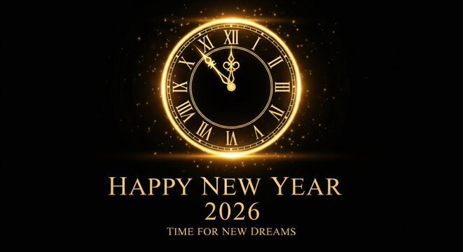 Glowing Golden Clock Face Happy New Year 2026 Message image