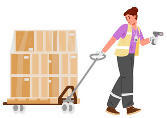Woman warehouse worker in uniform pulls hand forklift with pile of cardboard boxes wrapped in foil flat vector illustration isolated on white.