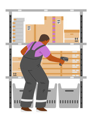 African American man warehouse worker scanning boxes with barcode scanner flat vector illustration isolated on white.