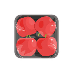 Fototapeta premium Red apples in black plastic tray, top view of styrofoam package with film wrap vector illustration