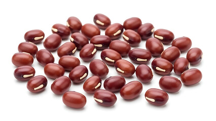 A pile of small, oval-shaped, red beans with a lighter-colored spot on one side, scattered on a white background
