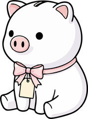 Cute white pig character with pink bow and gift tag, sitting kawaii mascot