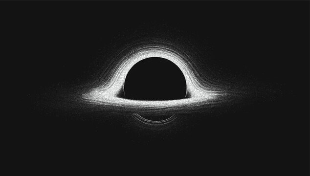 Vector stippling illustration of supermasive black hole with glowing accretion disk. Hand-drawn dotwork style