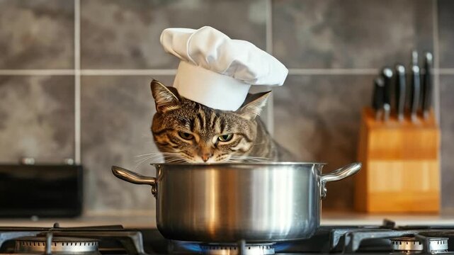 Funny tabby cat wearing a chef's hat, cooking in a pot on the stove. Kitchen setting.