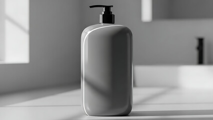 "sleek, high-quality shampoo bottle mockup, smooth plastic texture with a pump dispenser, shown with subtle lighting to highlight the product&rsquo;s features--v 6.1 --ar 16:9 --q 2"