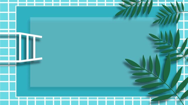 Top view blue swimming pool border tropical leaves frame