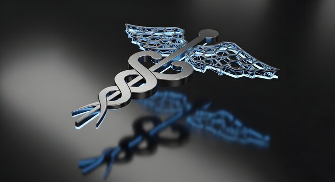 Crystal caduceus symbol with wings and reflection
