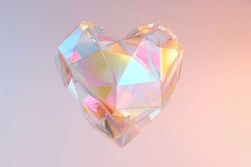 Iridescent Geometric Heart Crystal Against Pastel Gradient Background.