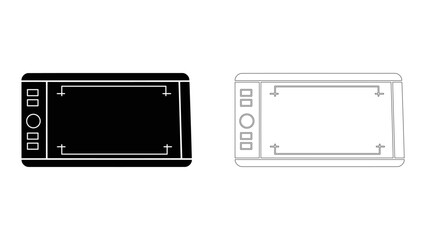 Fototapeta premium Black digital drawing tablet with buttons and a blank screen, isolated on white background, representing graphic design