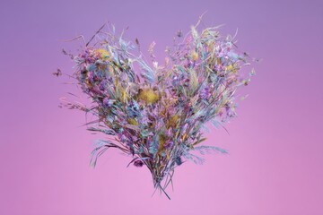 Heart-Shaped Wildflower Bouquet on Pink and Purple Gradient Background.