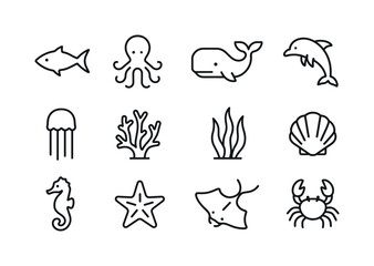 Fototapeta premium Ocean Life Icons. Ocean & Sea Life. Line icon set of Ocean & Sea