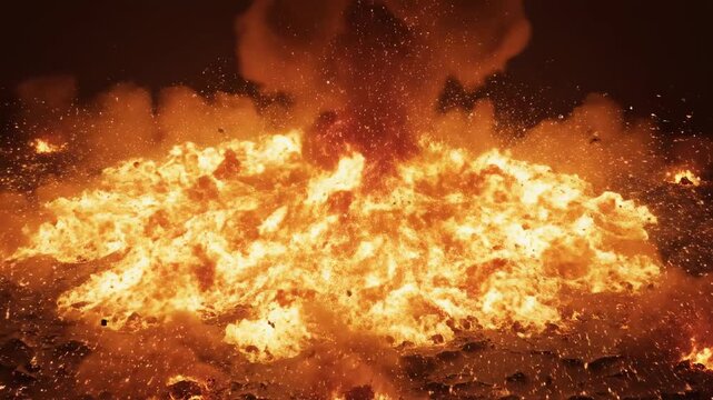 Explosive Inferno: An intense display of raw power, a fiery explosion erupts, painting the scene in a blazing tapestry of heat and energy, symbolizing cataclysmic events and devastating force.
