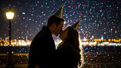 Silhouetted Couple Kissing During Celebration Night with Confetti and Party Hats