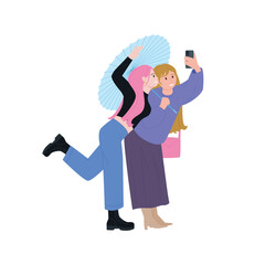 Two happy girlfriends taking selfie together, girl holding blue umbrella vector illustration