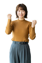 ガッツポーズをする女性・ビジネスウーマン（背景透過PNG）