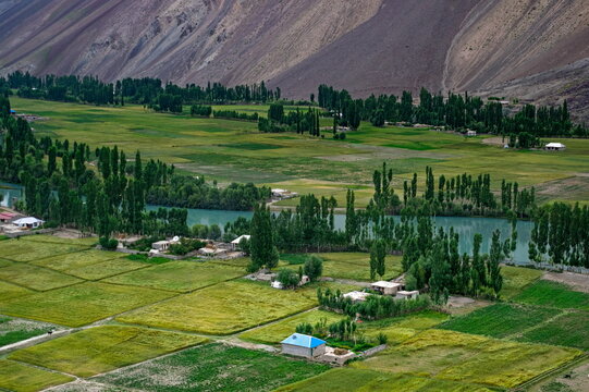 View of lush green fields and a meandering river, watched over by towering mountains, contrasting with the humble dwellings nestled within, Gupis, Gilgit Baltistan, Pakistan.